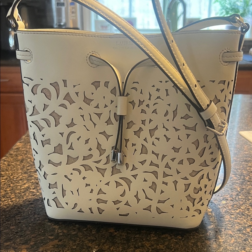 Lauren Ralph Lauren White Laser-Cut Bucket Cross Body Shoulder Bag